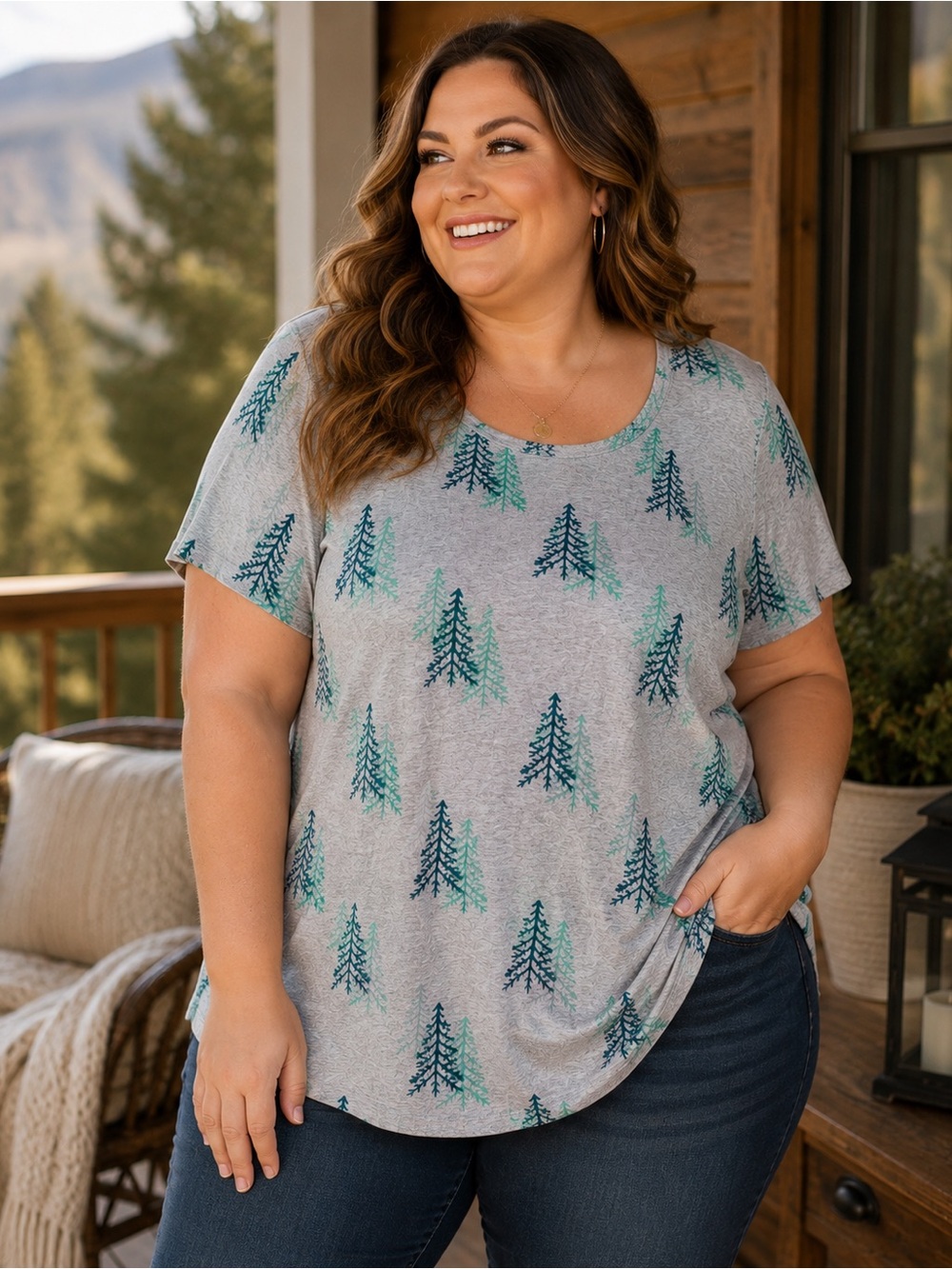 Torrid Womens Plus Size T Shirt Trees Print Grey Blue Green Short Sleeve Top 5